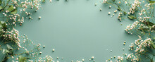 Small White Gypsophila Flowers On Pastel Green Background. Women's Day, Mother's Day, Valentine's Day, Wedding Concept. Flat Lay. Top View. Copy Space