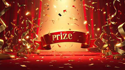 success with a 3D word banner, gold confetti, and ribbons on a vibrant red backdrop.