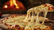 © Meow Creations - Cheesy mozzarella pizza slice pulled on wooden table with oven fire in background