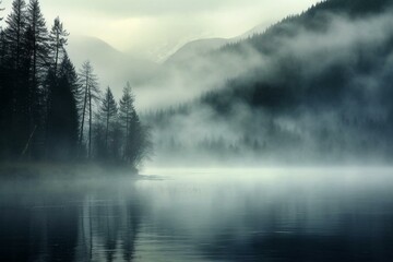 massive mist above a lake. generative ai