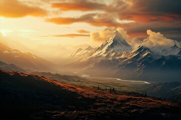 Wall Mural - a landscape in the mountains, with a mountain range and lake