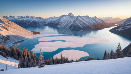 Winter Wonderlandlandscape surrounded by snow-capped mountains, frozen lake, and glacial scenery
