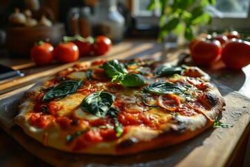 Wall Mural - Traditional Margherita pizza adorned with fresh basil leaves on wooden kitchen countertop. Bright, sunny kitchen with a large window in a cozy country house.