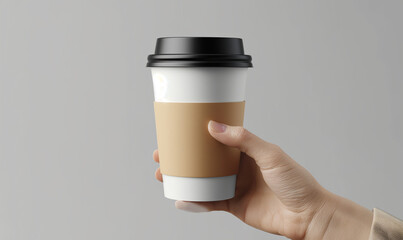 Wall Mural - Model of a woman's hand. A woman holds a paper cup of coffee, on a light gray background. coffee mockup