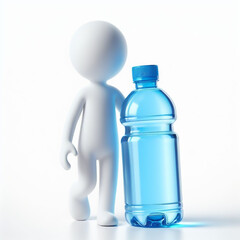 Poster - White 3D figure with bottle of mineral water in hand, on white background. Water's Day. AI generated