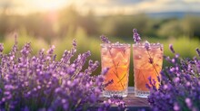 Refreshing Lavender-infused Drinks Served On A Wooden Barrel In A Lavender Field