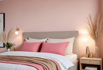 Wall Mural - Cozy pink bedroom with neutral bedding, lighting, and decor