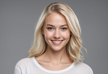 beautiful blond woman smiling at the camera in headshot on gray background
