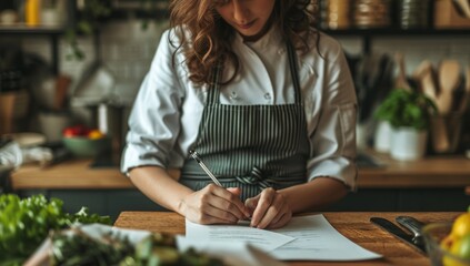 young woman in apron making notes while cooking in kitchen