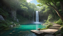 Enchanting Forest With A Pathway To A Hidden Temple, Waterfall, Pond, Crystal Clear Water, Green