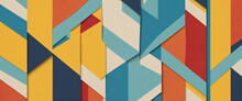 Abstract Geometric Fashion Papers Texture Background In Yellow, Red, Blue Colors And Zigzag Pattrn. Top View, Flat Lay