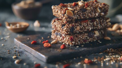 Sticker - Healthy granola bars with nuts and dried berries on dark background