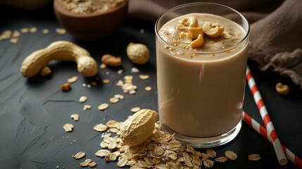 Wall Mural - Healthy breakfast with oat milk and nuts on a black background