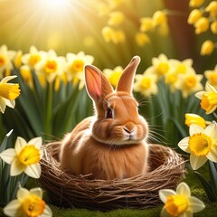 Easter greeting card with easter bunny, grass and eggs in nest, isolated on white background