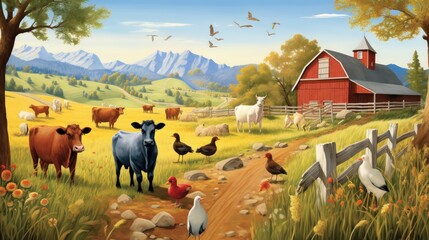 animals that live on a farm, lovely illustration for young kids. --ar 16:9 --v 5.2 Job ID: e8b585cd-c9a5-49a7-a01d-56e7336215bd