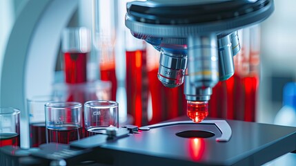 blood samples in test tubes as a hematology laboratory specialist conducts analysis, scrutinizing the red liquid under a microscope, crucial for medical diagnosis and treatment.