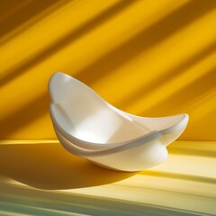 Sculptural white ceramic bowl on a yellow striped background, a study in form and shadow