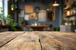 Rustic Empty Wooden Table and Blurred Coffee Shop background