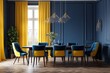 The dining table, wood floor, yellow chairs, and moldings are all features of a contemporary classic blue environment. interior design model
