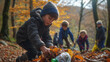 european children helping collecting trash in the forest to keep our planet green