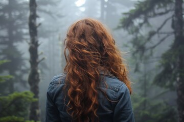 Wall Mural - Girl with chestnut curly hair wandering through a misty pine forest