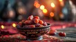 RAMADAN KAREEM meaning Blessed ramadan with dates fruit in a bowl