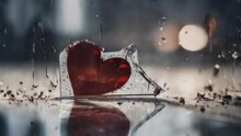 Red Heart In Ice In The Background Effect Of Falling Raindrops. The Heart As A Symbol Of Affection And Love.