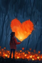 Illustration Of A Little Girl With Red Jacket Walks Alone In A Dark Forest With A Candle. Red Love Heart Shines In The Candle Light. Card Template Mockup. 