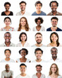 Portraits Collage of diverse multi-ethnic and mixed age people smiling to the camera on white background