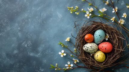 Birds Nest With Painted Eggs and Flowers