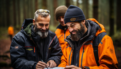 Sticker - Two males outdoors, smiling, working, in nature generated by AI