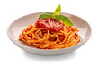 © framarzo - Bucatini pasta with tomato sauce and basil leaves in white plate isolated