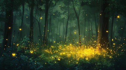 Wall Mural - fairy forest with glowing insects.