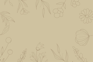 Wall Mural - Botanicalhand drawn line flowers and leaves bakground. Floral foliage for wedding invitation, wall art or card template. Vector illustration