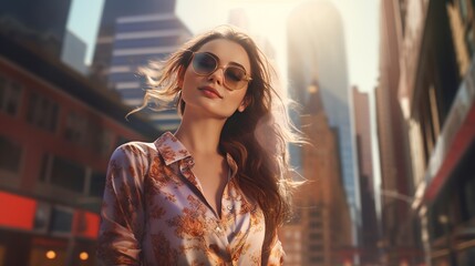 Wall Mural - A confident and fashionable young woman, standing amidst a bustling urban street