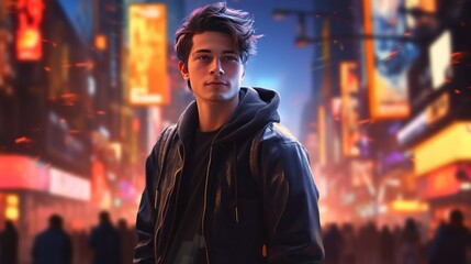 Wall Mural - A fashionable young man, standing confidently on a busy pedestrian street, colorful city lights glowing in the evening