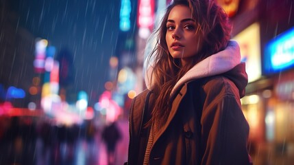 Wall Mural - A fashionable young woman, standing confidently on a busy pedestrian street, colorful city lights glowing in the evening