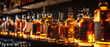 Whiskey bottles line the bar, glowing amber in the dim light, evoking a cozy nightlife ambiance
