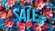 Lively Spring Sale Text Surrounded by Colorful Cosmos Flowers on Blue Background