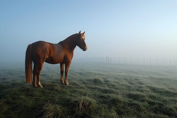 Experience serenity as a majestic brown horse graces the lush green landscape in a misty, cold atmosphere under a clear blue sky. A tranquil and captivating image.