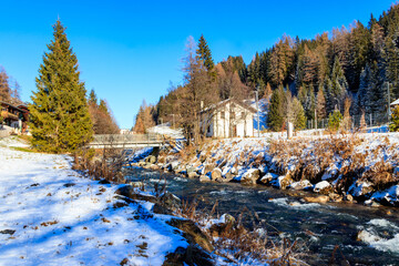 Sticker - View of winter river in the Swiss Alps, Switzerland. Snowy mountain river landscape