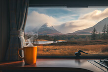Steaming Cup Of Coffee In A Campervan Window On The Breakfast Bar Looking Out The A Stunning Landscape