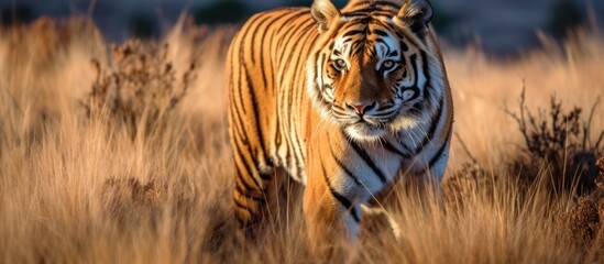 Poster - a tiger standing in the savanna grassland looking for prey