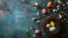 A Birds Nest With Painted Eggs And Flowers