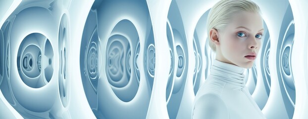 A panoramic portrait of a blonde model wearing a white outfit with a three dimensional optical design background concept.