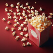 Delicious popcorn scattering from a red striped carton box on a dark red background with copy space