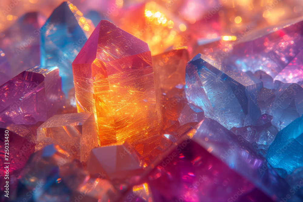 Abstract close-up of light patterns refracted through a crystal ...