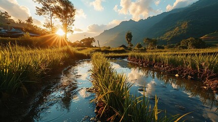 Canvas Print - Beautiful landscape of China rural countryside with rive and traditional houses at sunset