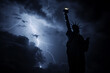 Statue of Liberty Silhouetted Against Stormy Skies with Dramatic Lightning
