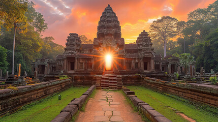 Wall Mural - Ancient temple inspired by cambodian Buddhist architecture at sunset